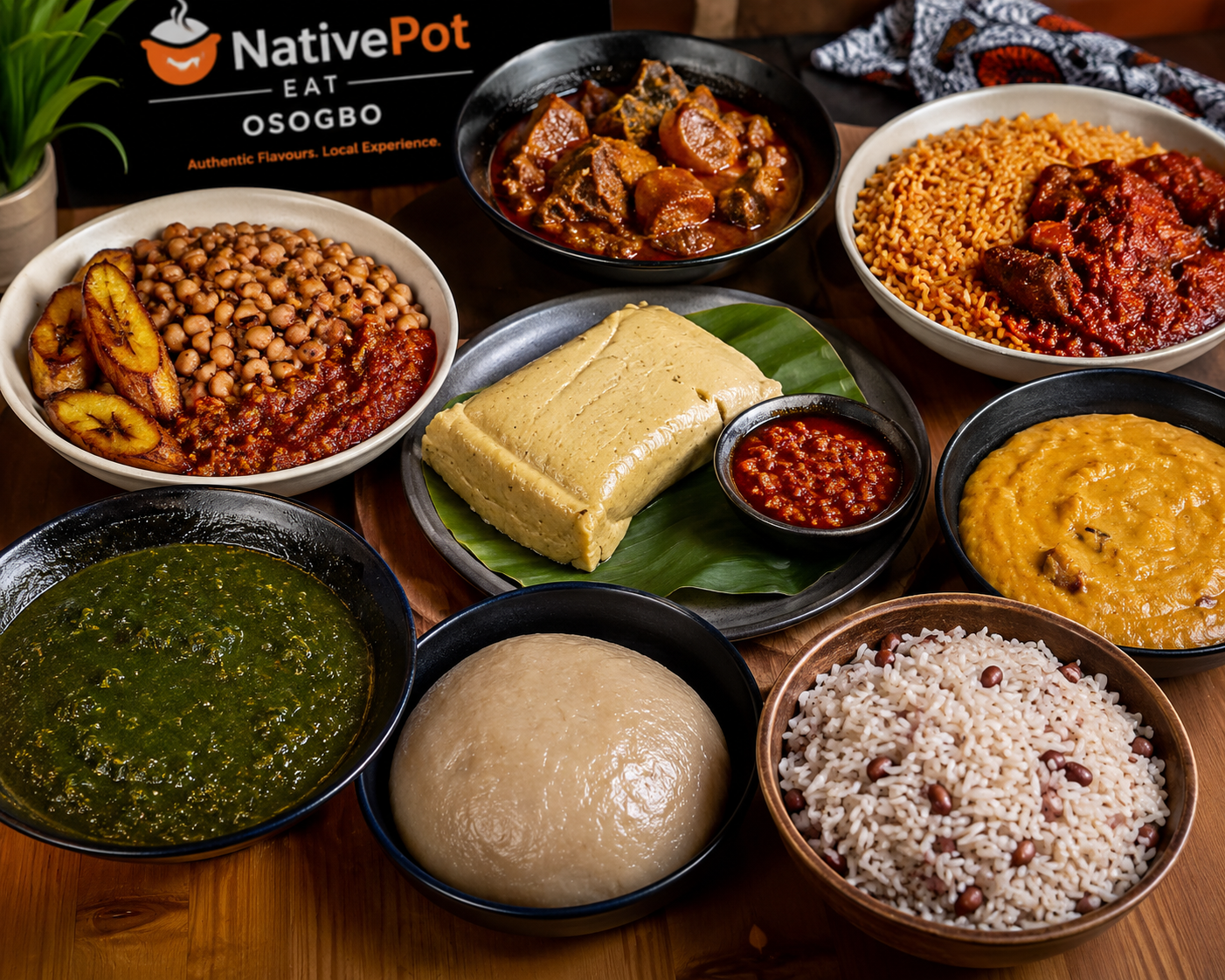 Traditional Nigerian local foods including Ewa Agoyin, Ekuru, Amala, Ewedu, Gbegiri, and Ofada Rice served at NativePot Eat in Osogbo.